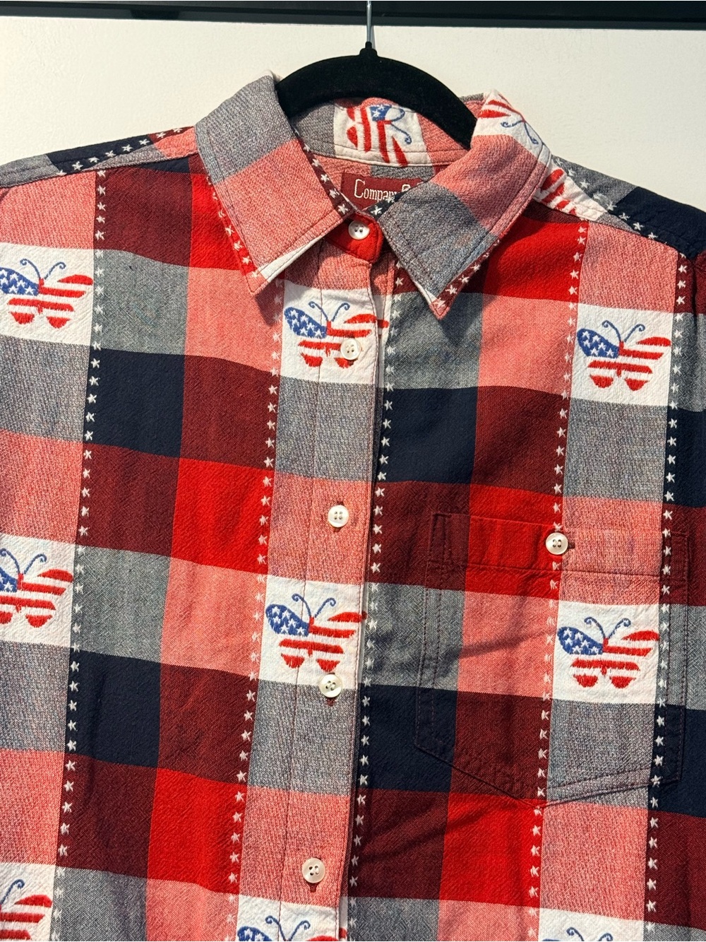 Vintage Company One Red, White & Blue Embroidered Butterfly Americana Shirt